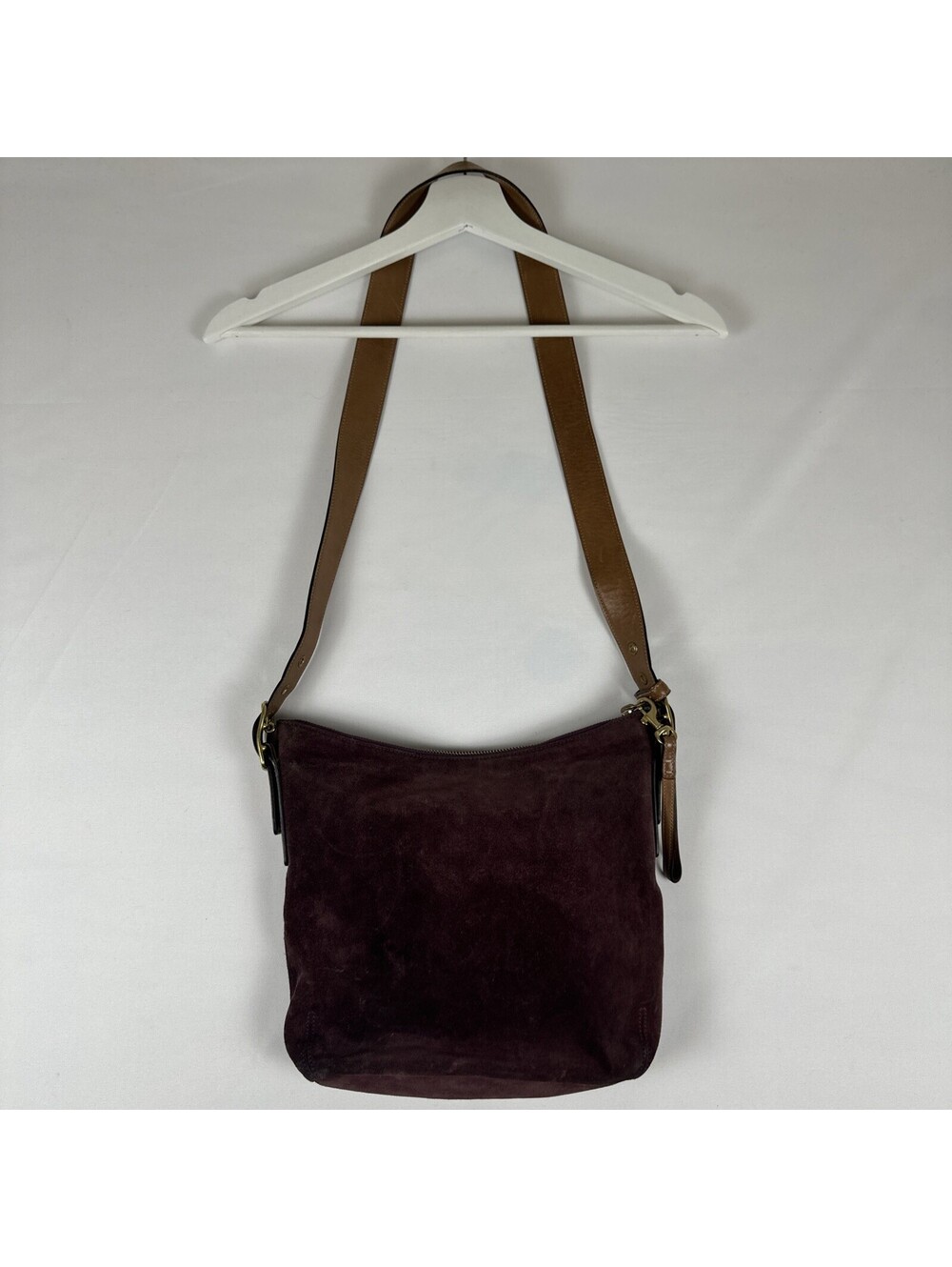 Vintage Coach Suede Shoulder Bag Purple Tan Leather Crossbody G3S-9327 Hobo